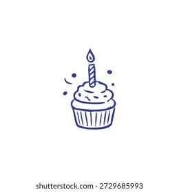 A simple blue line drawing of a cupcake with a lit candle and confetti.