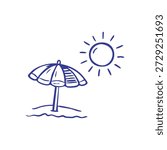 A simple blue line drawing depicts a beach umbrella in sand with a radiating sun in the sky, evoking summer relaxation.