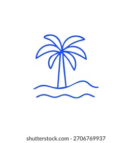 A simple blue line drawing depicts a palm tree on a small island with wavy water.