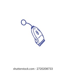 Un simple dibujo de línea azul representa una cortadora de cabello o afeitadora eléctrica con un cordón adjunto contra un fondo blanco.