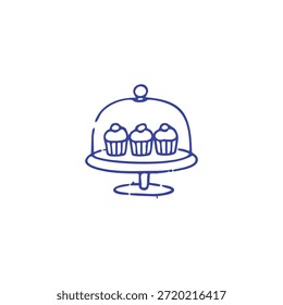 Um simples desenho em linha azul retrata três bolinhos foscos sob um cloche em uma mesa de sobremesa.