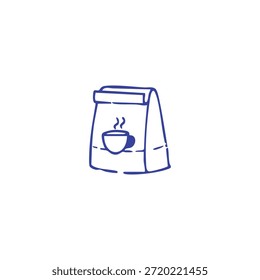 Eine einfache blaue Linie zeigt eine Tasche zum Mitnehmen mit einem dampfenden Kaffeebecher-Symbol auf weißem Hintergrund.