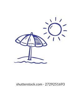 A simple blue line drawing depicts a beach umbrella in sand with a radiating sun in the sky, evoking summer relaxation.