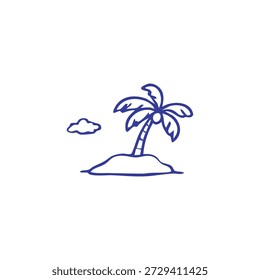 Un simple dibujo de línea azul representa una palmera con cocos en una Pequeña isla tropical con una nube sobre un fondo blanco.