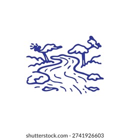 A simple blue line drawing depicts a winding river flowing through a natural landscape with stylized trees and terrain.
