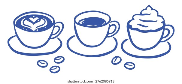 A simple blue line drawing depicts three coffee beverages – latte art, regular coffee, and a dessert coffee – with coffee beans.