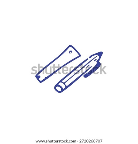 A simple blue line drawing depicts a writing pen with its cap removed on a white background.