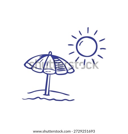A simple blue line drawing depicts a beach umbrella in sand with a radiating sun in the sky, evoking summer relaxation.