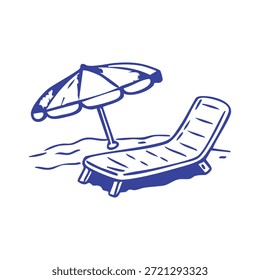 Un simple dibujo de línea azul ilustra una sombrilla de playa y un sillón en la arena, evocando unas relajantes vacaciones de verano.