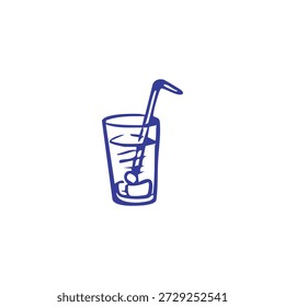 A simple blue line drawing illustrates a glass filled with a beverage, ice cubes, and a drinking straw on a white background.
