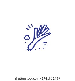 A simple blue line drawing of a leek with steam rising.