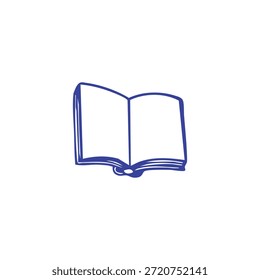 A simple blue line drawing of an open book with blank pages rests on a white background.