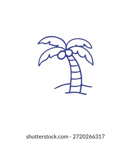 Um simples desenho de linha azul de uma palmeira com cocos está em um pequeno monte de areia.