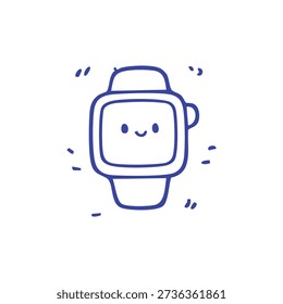 A simple blue line drawing of a smiling smartwatch with little sparks around it.