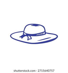 Simple blue line drawing of a sun hat with a ribbon on a white background