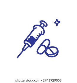 A simple blue line drawing of a syringe, two pills, and a star sparkle.