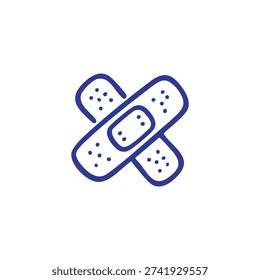 A simple blue line drawing of two crossed adhesive bandages on a white background.