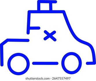 Simple blue line icon of an ambulance with a medical theme. Ideal for healthcare, emergency services, hospital apps, infographics and medical branding.
