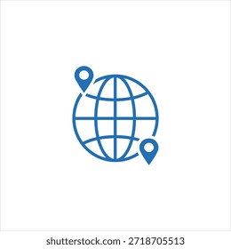 Icono de línea azul simple que representa el viaje global, el seguimiento de la ubicación o la planificación de rutas con un globo estilizado con dos pines de puntero de mapa que marcan diferentes puntos de la tierra. Aislado en un whh puro