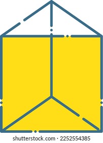 Simple blue line and yellow triangular prism illustration drawn with dashed lines