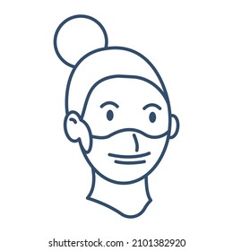 Simple blue linear icon, girl in medical mask. Isolated on white. Vector illustration