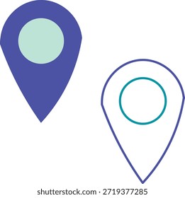 Ícones simples de pino de mapa azul, mostrando estilos preenchidos e contornados para marcação de localização.