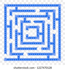 A simple blue maze of leaves. Game for kids. Puzzle for children. One entrance, one exit. Labyrinth conundrum. Flat vector illustration isolated on transparent background
