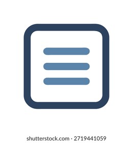 Ein einfaches blaues Menüsymbol, das in einem abgerundeten quadratischen Rahmen angezeigt wird und auf einem dunklen weißen Hintergrund abgebildet ist. Minimalistischer Stil mit klaren Linien.