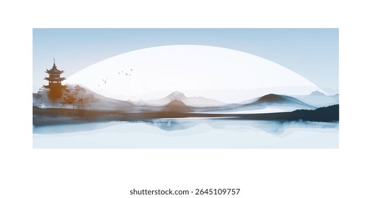 Paisagem sumi-e japonesa minimalista azul simples com um pagode, montanhas nebulosas, sol grande e reflexos de água serena. Hieróglifo - paz