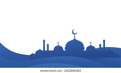 Simple Blue Mosque Silhouette Illustration With Wave Design Copy Space