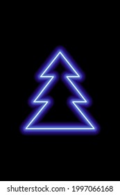 Simple blue neon shape of a Christmas tree on a black background. Vector illustration