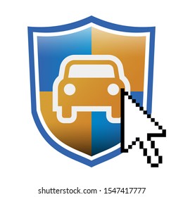 simple blue and orange shield with car, cursor arrow, vector illustration 