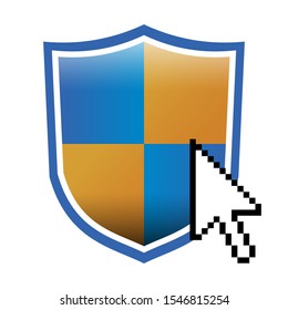 simple blue and orange shield, cursor arrow, vector illustration 