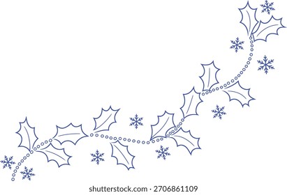 Un diseño de contorno azul simple presenta una guirnalda de hojas de acebo y copos de nieve que se curvan desde la parte inferior izquierda hasta la parte superior derecha contra un fondo blanco.