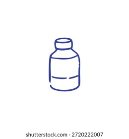Un simple dibujo de contorno azul de una botella con una tapa sobre un fondo blanco, que sugiere un recipiente médico o líquido.