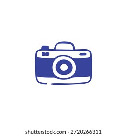 Un simple dibujo de contorno azul de una cámara se centra en un fondo blanco.