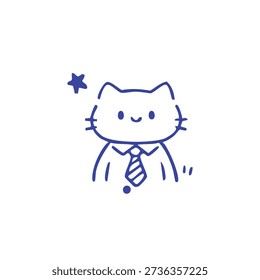 A simple blue outline drawing of a cat wearing a shirt and tie with a small star.