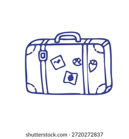 Un simple dibujo de contorno azul de una maleta de viaje con varias pegatinas Pequeñas y abstractas en su parte frontal.