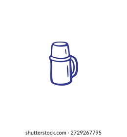 Eine einfache blaue Umrisszeichnung eines klassischen isolierten Thermoskannen mit einer Tasse und Griff, einzeln auf weiß.