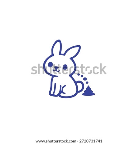 A simple, blue outline drawing of a cute bunny rabbit sitting and defecating small droppings.