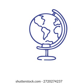 Um simples desenho de contorno azul representa um globo mundial com continentes visíveis em um suporte, situado contra um fundo branco limpo.