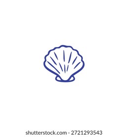 Un simple dibujo de contorno azul representa una concha marina estilizada sobre un fondo blanco limpio.