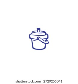 Um simples desenho de contorno azul retrata um balde coberto com uma alça em um fundo branco simples.