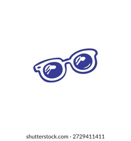 A simple blue outline drawing depicts a pair of stylish sunglasses on a plain white background.