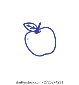 Un simple dibujo de contorno azul de una manzana fresca con un tallo y una hoja sobre un fondo blanco.