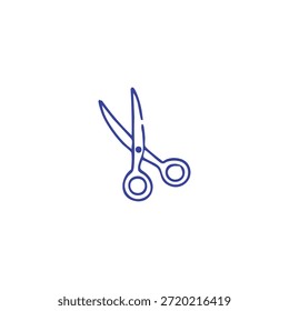 A simple blue outline drawing of open scissors with finger holes on a plain white background.