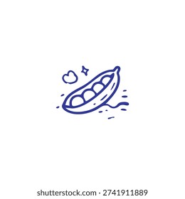 A simple blue outline drawing of a pea pod with peas inside.