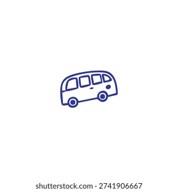 A simple blue outline drawing of a retro-style passenger bus isolated on a clean white background.