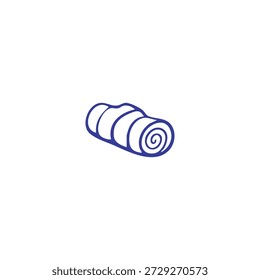 Un simple dibujo de contorno azul de un saco de dormir enrollado sobre un fondo blanco.