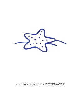 Eine einfache blaue Umrisszeichnung eines Seesterns, der auf Sand ruht.